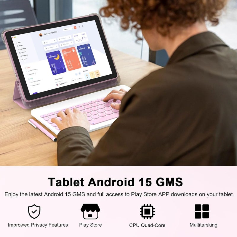CUPEISI Android 15 Tablet 10 Inch, 20GB RAM+128GB ROM/ 2TB Expandable, 2.0GHz Quad-core Processor, 1280*800 HD Screen, 5G WiFi6 BT 5.0, 2 in 1 Tablets with Keyboard Case Mouse Stylus, Widevine L1 Pink - Image 4